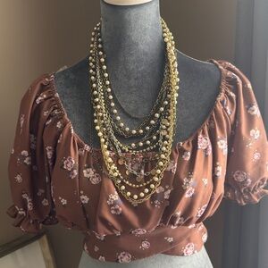 Floral Brown Puff Sleeve Crop Top